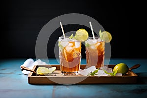 refreshing iced tea with lime slices on tray