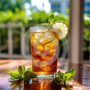 Refreshing Iced Tea with Mint and Lemon on Sunlit Patio
