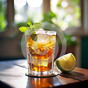 Refreshing Iced Tea with Mint and Lemon on Wooden Table