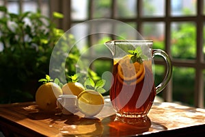 Refreshing Iced Tea with Mint on Wooden Table photo
