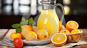 A Refreshing Jug of Orange Juice and Vibrant Sliced Fruits