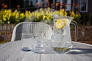 Refreshing jug of water with slices of fruit and two glasses