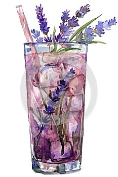 Refreshing Lavender Lemonade Watercolor Illustration with Ice and Straw