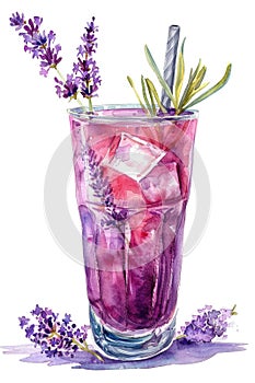 Refreshing Lavender Lemonade Watercolor Illustration with Ice and Straw