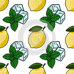 Refreshing lemon and mint ice cubes seamless pattern vector background illustration