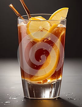 Refreshing lemon tea in a tall, transparent glass, garnished with slices of lemon floating inside