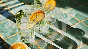 Refreshing lemonade drink in crystal glasses leaves orange slice on green tile background shadows. Sweet cold natural