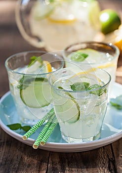 Refreshing lemonade drink with mint lime lemon in garden