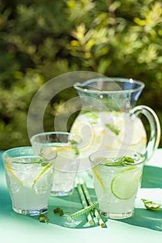 Refreshing lemonade drink with mint lime lemon in garden