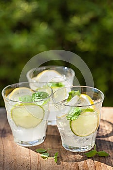 Refreshing lemonade drink with mint lime lemon in garden