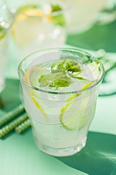 Refreshing lemonade drink with mint lime lemon in garden