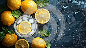 Refreshing lemonade with ice and fresh mint