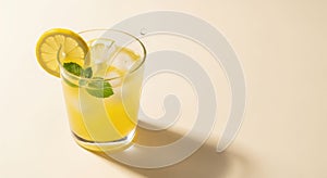 Refreshing lemonade with ice and mint on light background