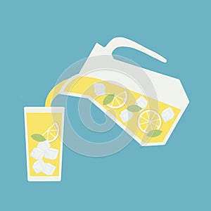 Refreshing lemonade illustration. Glass with straw and pitcher with lemons and ice cubes. Retro style illustration with
