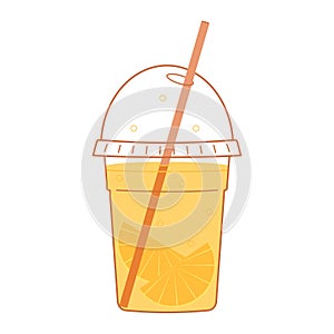 Refreshing lemonade with orange slices. Glass of drink with straw with oranges in flat style