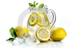 Refreshing lemonade pitcher with ice cubes