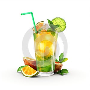 Refreshing lemonade or tropical alcoholic cocktail with lime orange and mint isolated on white background.