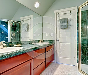 Refreshing light green bathroom with bright brown cabinets