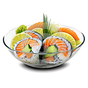 A refreshing and light sushi roll in a deep, clear glass bowl, featuring fresh fish and vegetables,