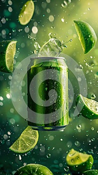 Refreshing Lime Soda Can in a Burst of Water Droplets. Generative ai