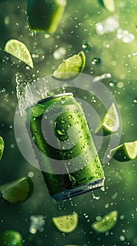 Refreshing Lime Soda Can in a Burst of Water Droplets. Generative ai