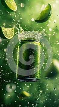 Refreshing Lime Soda Can in a Burst of Water Droplets. Generative ai