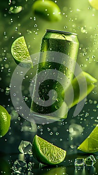 Refreshing Lime Soda Can in a Burst of Water Droplets. Generative ai