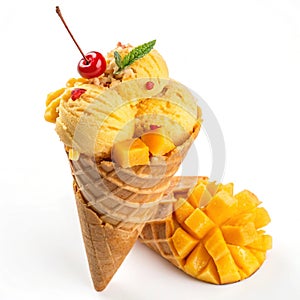 Mango ice cream cone isolated on white photo