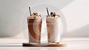 Refreshing milkshake, gourmet latte, whipped cream, sweet cacao fruit indulgence generated by AI