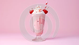 Refreshing milkshake with strawberry, chocolate, and whipped cream decoration generated by AI