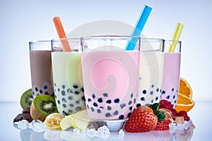 Refreshing milky bubble tea with tapioca pearls photo