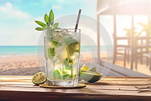 Refreshing Mint Mojito Cocktail with Rum and Lime on Wooden Table, Blurred Beach Background. Perfect Summer Drink for