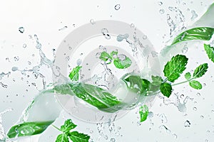 Refreshing mint skincare product surrounded by crisp ice cubes and fresh mint leaves