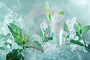 Refreshing mint skincare product surrounded by crisp ice cubes and fresh mint leaves