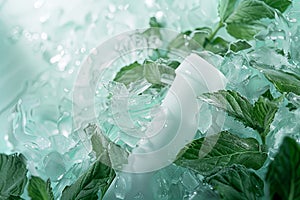 Refreshing mint skincare product surrounded by crisp ice cubes and fresh mint leaves