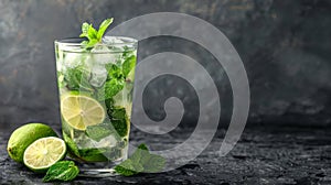Refreshing mojito cocktail with lime and mint on dark background