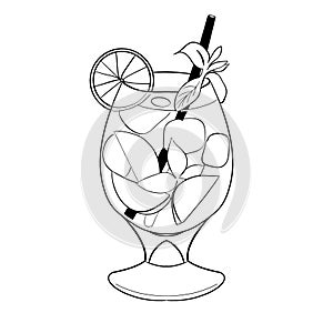 Refreshing Mojito cocktail with lime and mint in a tall glass with a straw and ice. sketch. Isolated.