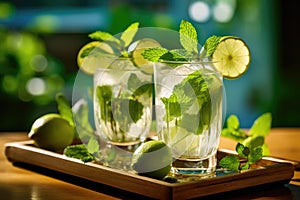 refreshing mojito cocktails on a wooden tray. close up view. Generative AI