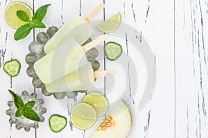 Refreshing mojito ice pops - paletas - popsicles. Top view, overhead. Cinco de Mayo recipe.