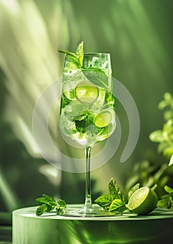 Refreshing Mojito with Lime and Mint: A cool and inviting glass of mojito filled with ice, lime slices, and mint leaves sits on a photo