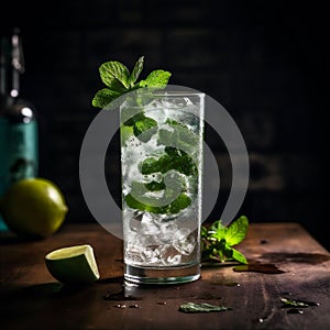 Refreshing mojito made with muddled mint leaves, fresh lime juice, sugar, white rum, soda water. AI generated