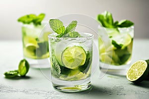 Refreshing mojitos with fresh lime and mint served on a light surface