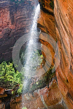 Refreshing natural springs waterfall on the Angel's Landing trail. Mt. Zion, Utah National