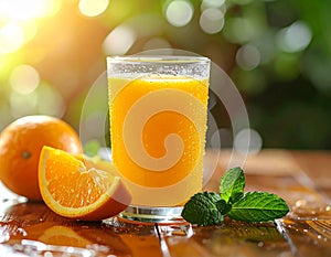 Refreshing Orange Juice On Rustic Wooden Table
