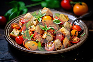 A refreshing panzanella salad with ripe tomatoes and basil, mediterranean food life style Authentic