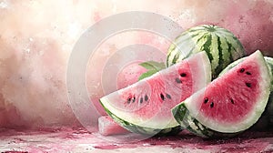 Soft Pink Watermelon Slice Watercolor Background photo
