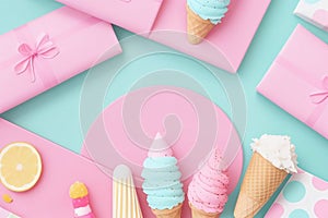 Flat lay background in pastel blue and pink with ice cream and envelopes in summer mood