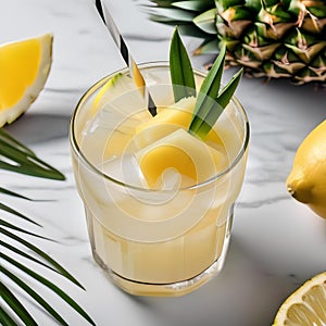 A refreshing pineapple coconut lemonade with a pineapple, coconut, and lemon garnish4