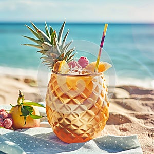 Refreshing Pineapple Drink on Beach With Straw