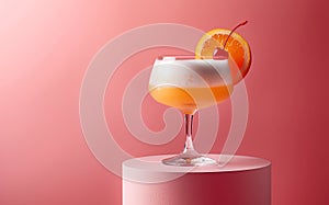 Refreshing pink cocktail with Cherry and Orange slice: A cool and inviting glass of cool drink filled with ice sits on a Peach